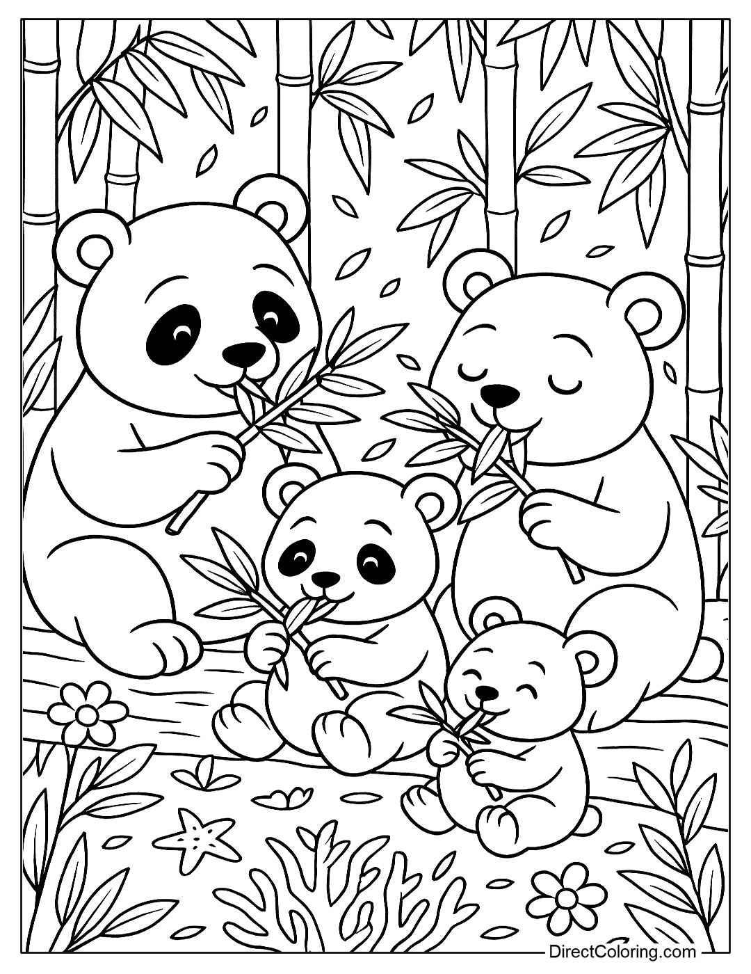 coloring page A panda family eating bamboo together in a bamboo forest, with flowers and fallen leaves